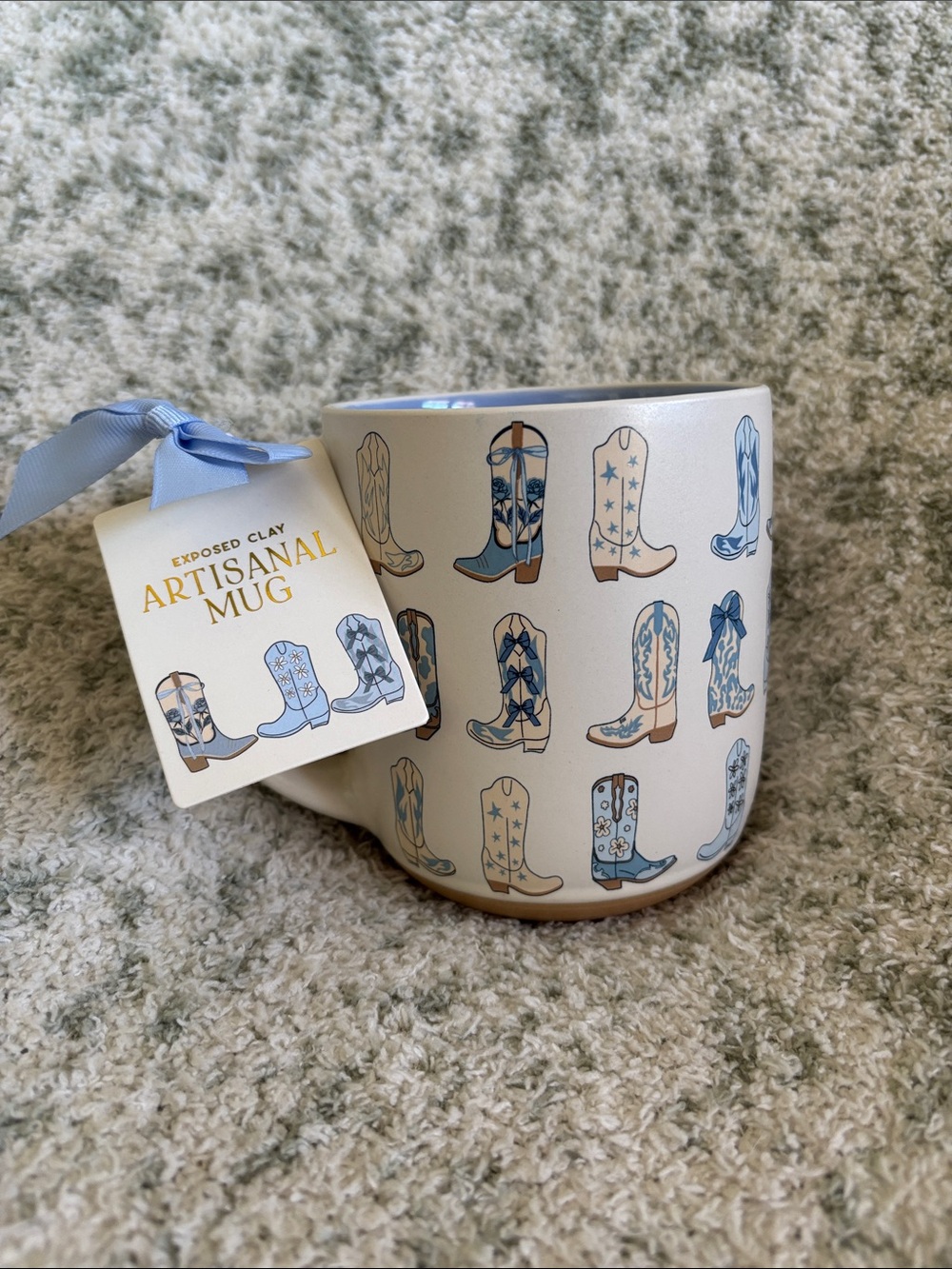 Cute Artisan Blue & Cream Cowboy Boot Ceramic Mug 16oz NWT Sunday Morning